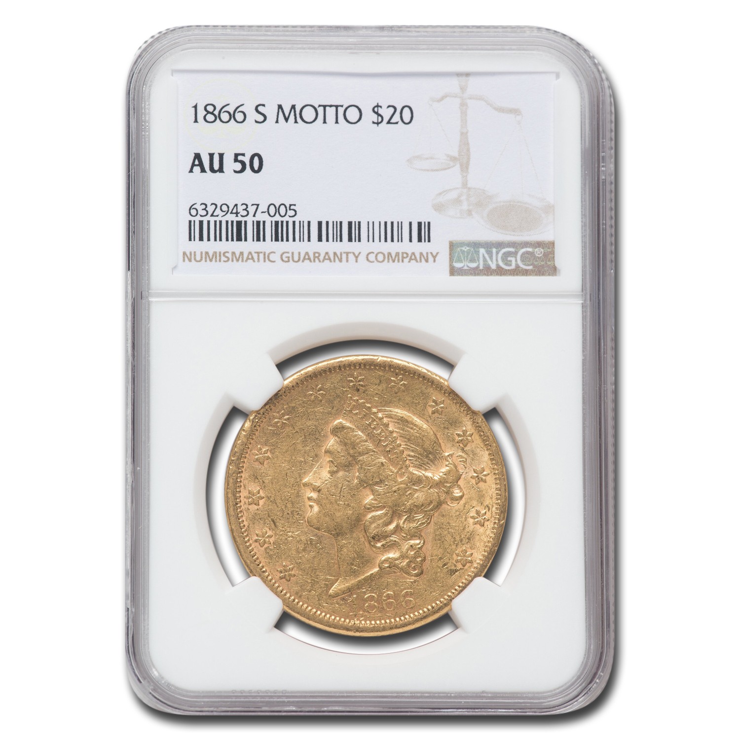 1866-S $20 Liberty Gold Double Eagle w/Motto AU-50 NGC
