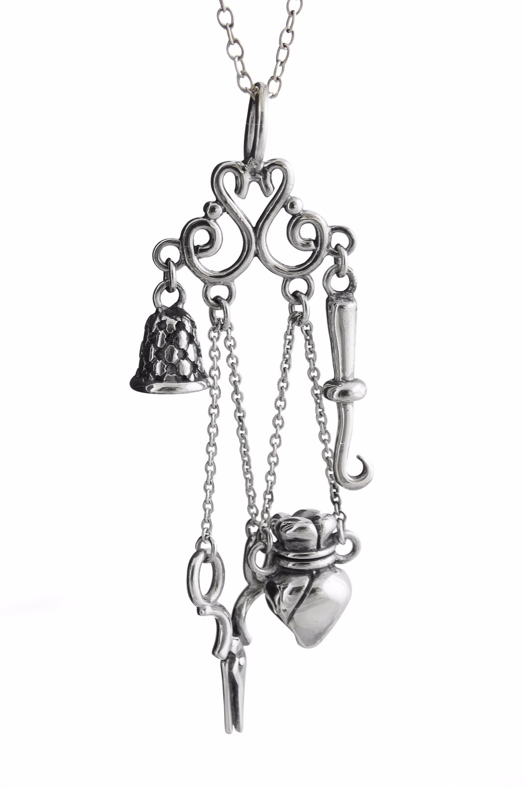 Chatelaine Sewing Pendant Necklace - 925 Sterling Silver - Victorian Replica Chatelaine Sewing Pendant Necklace - 925 Sterling Silver - Victorian Replica