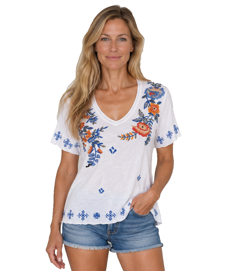 NWT Caite Sami Tee Bright White Floral Embroidered Roses S Small V-Neck Kyla Seo NWT Caite Sami Tee Bright White Floral Embroidered Roses S Small V-Neck Kyla Seo