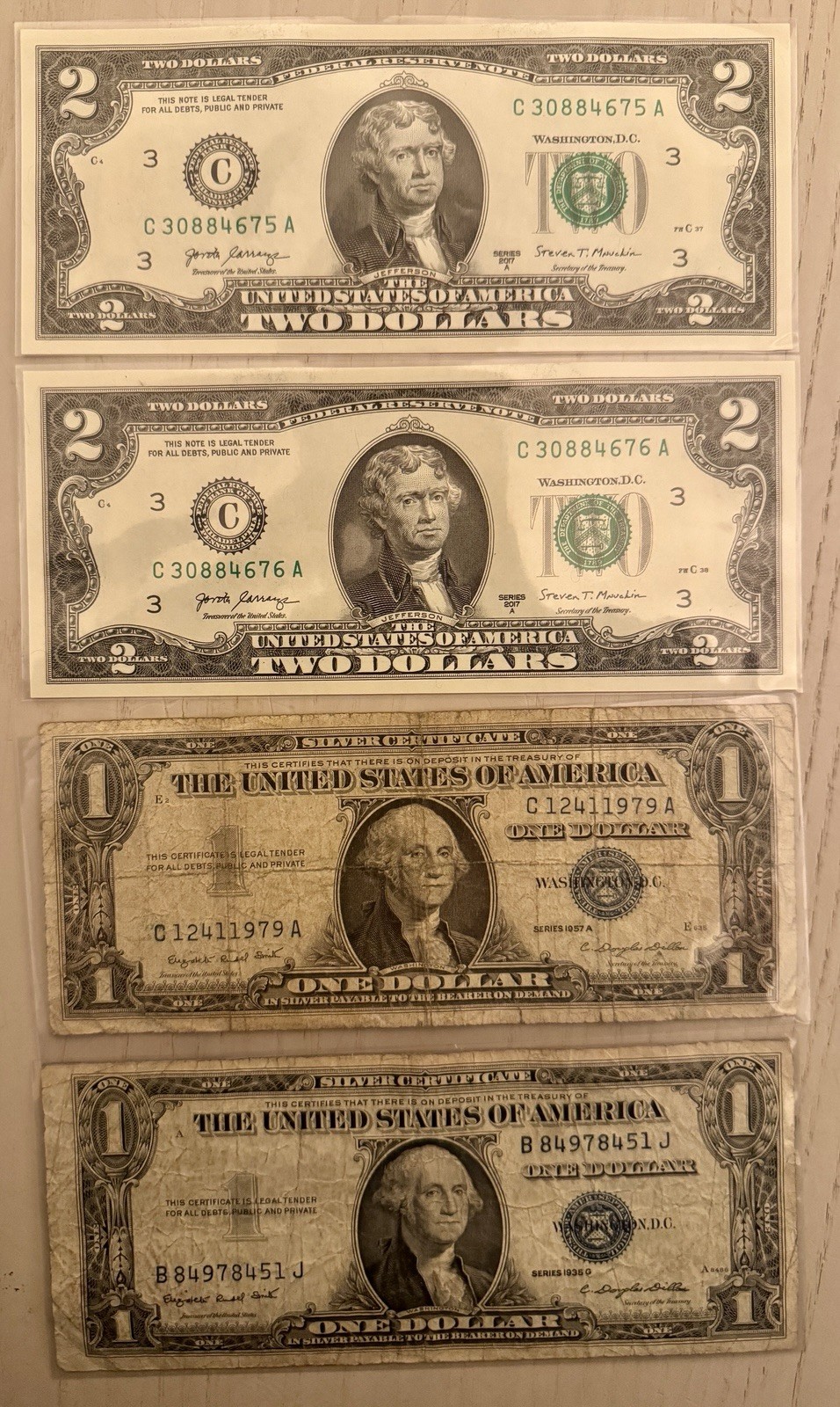 1935G NO MOTTO $1 Silver Certificate 1957A + 2017A $2 Sequential Pair US