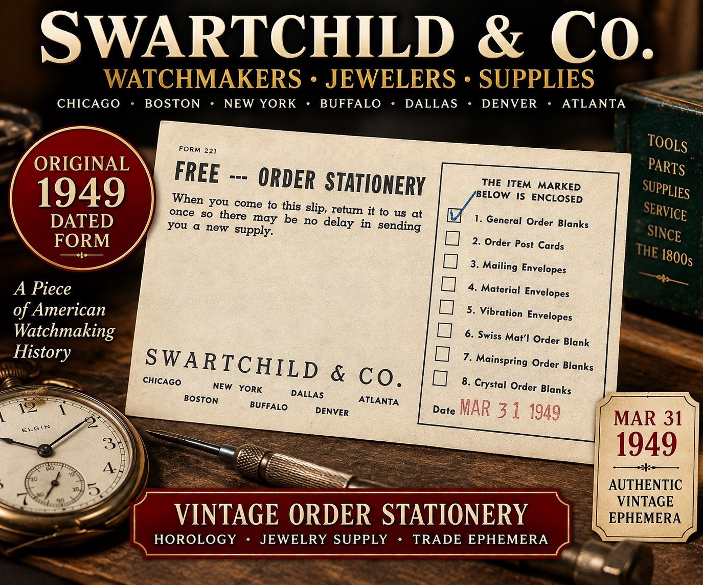 VTG 1949 Swartchild & Co. Watchmaker Order Stationery Form 221 Chicago Horology