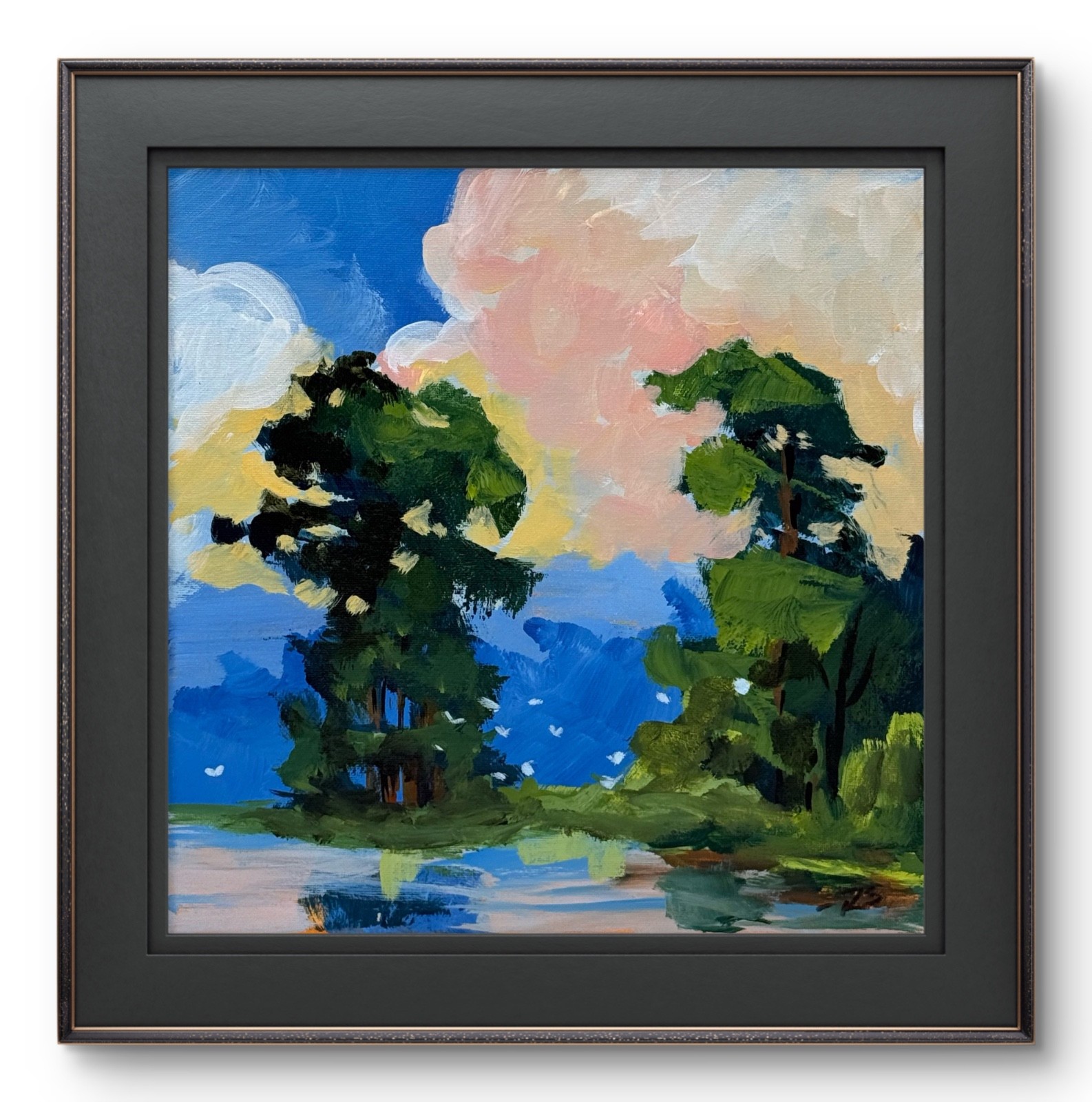 R Stevens Original 12x12 Impressionist Trees Reflecting In Water Painting Signed