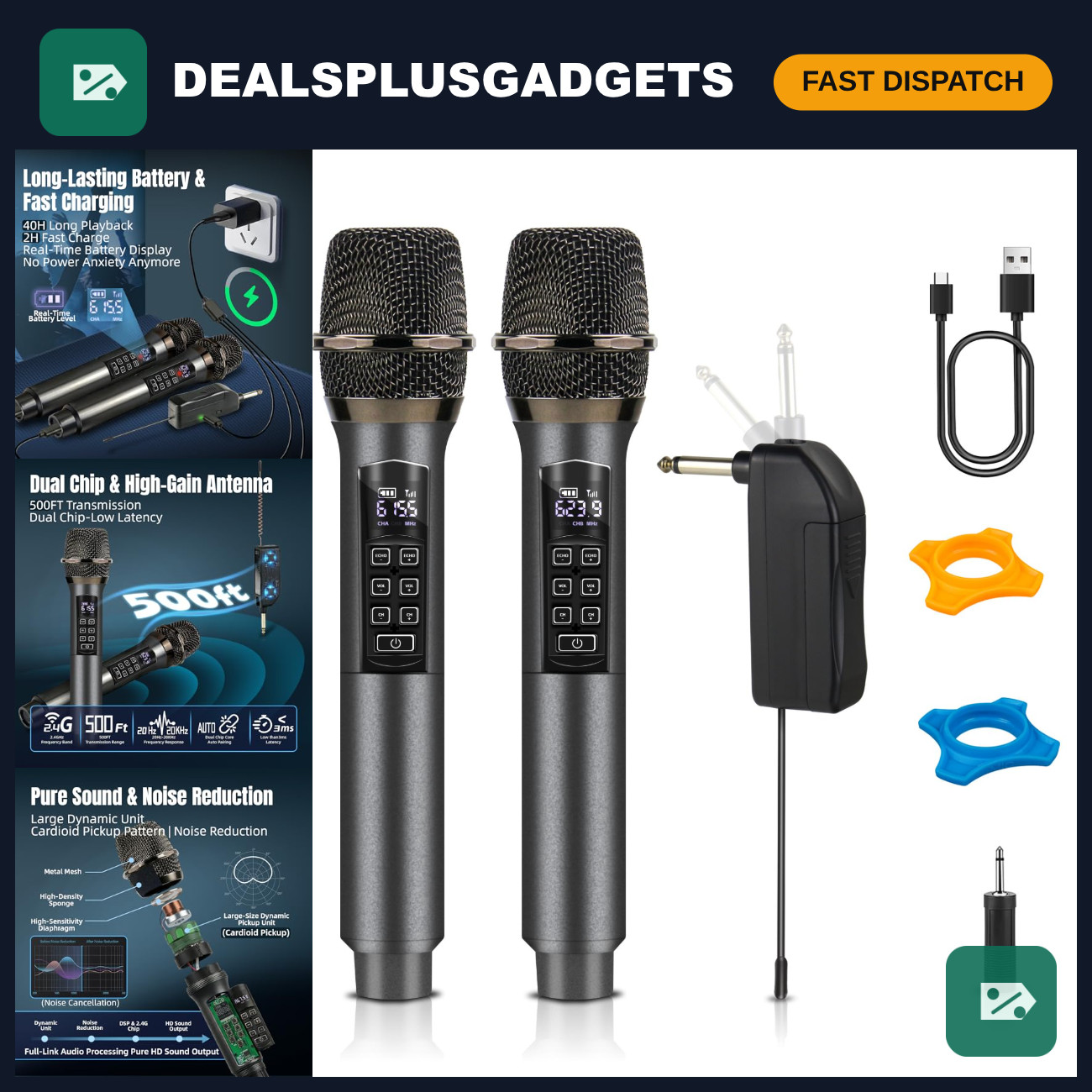 Dual Wireless Microphone System for Karaoke, 500ft Range, Rechargeable, AI Noise