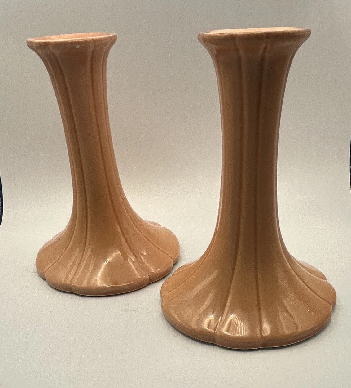 Candlesticks MCM Pair Beige/Peach Ceramic Glossy Japanese by CC Approx 6”, Chic Candlesticks MCM Pair Beige/Peach Ceramic Glossy Japanese by CC Approx 6”, Chic