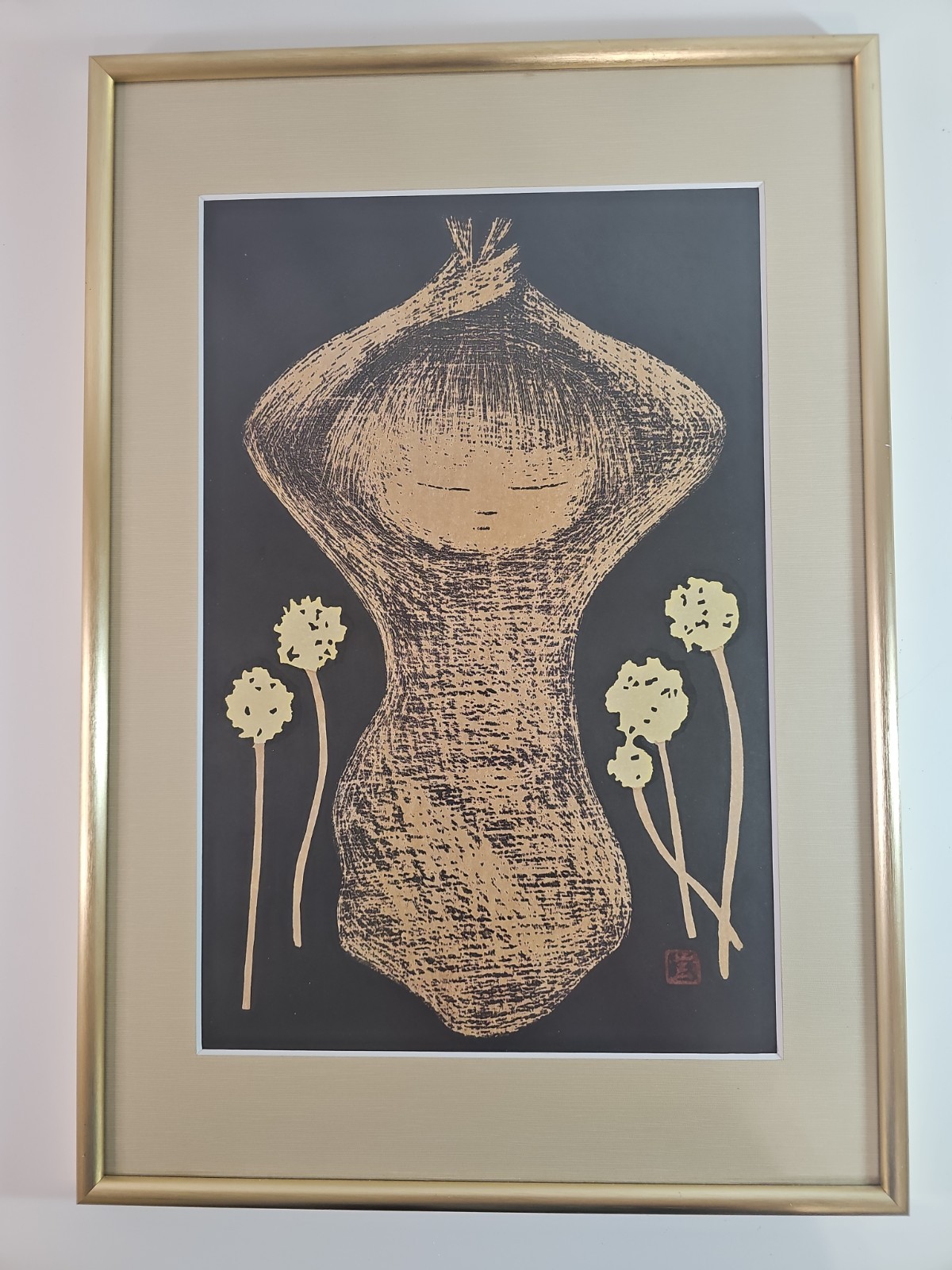 Original Kaoru Kawano Tanpopo Dandelion Seed Japanese Woodblock Print Framed