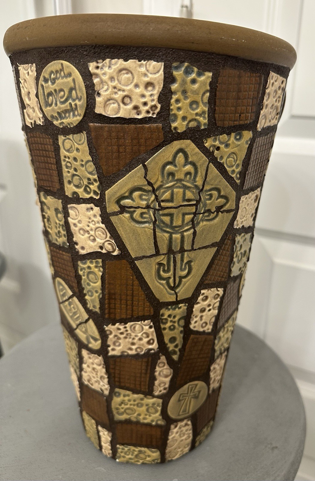 Vintage Italian Lava Glaze Pottery Vase Mid Century Mod MCM Cross Italy 31 12in