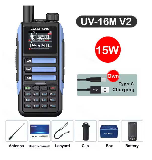 Baofeng UV16M V2 Walkie Talkie 15W High Capacity AM FM 2-Way Radio Full