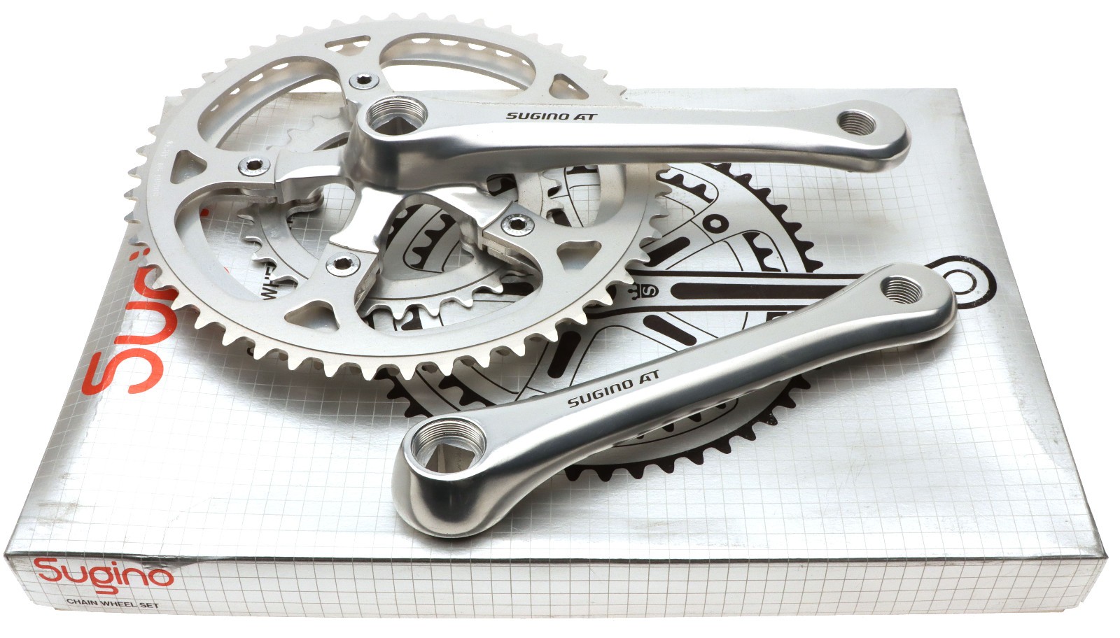 Sugino Aero Tour AT Crankset 170mm 50/46/30 Silver No Chainrings NOS NEW Vintage Sugino Aero Tour AT Crankset 170mm 50/46/30 Silver No Chainrings NOS NEW Vintage