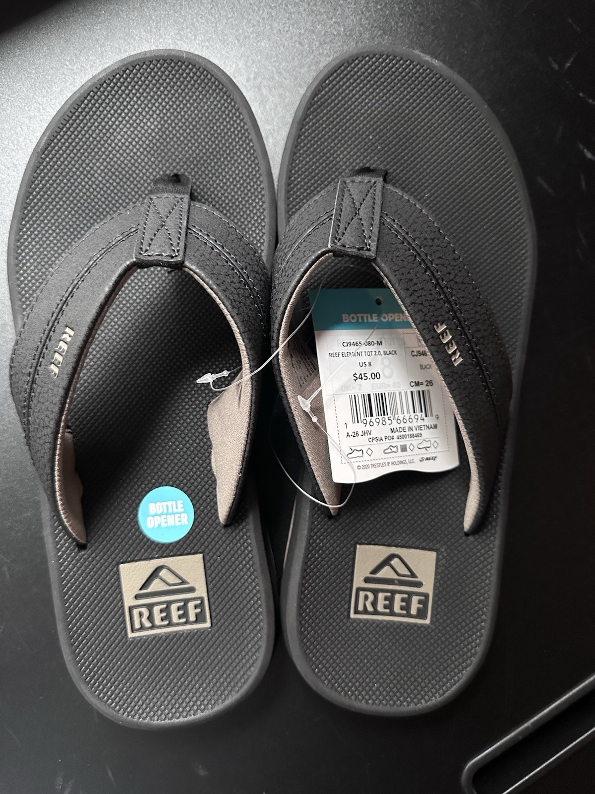 Men’s Reef Element Flip Flop, Bottle Opener, Black, Sz 8, 9, 10, or 11