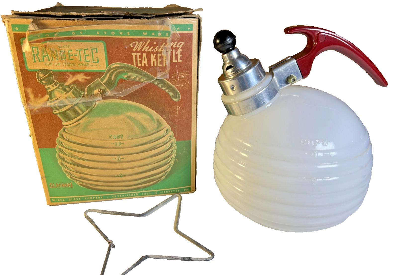 Antique NOS 1940s McKee Range-Tec Milk Glass Tea Kettle Jeannette PA Art Deco