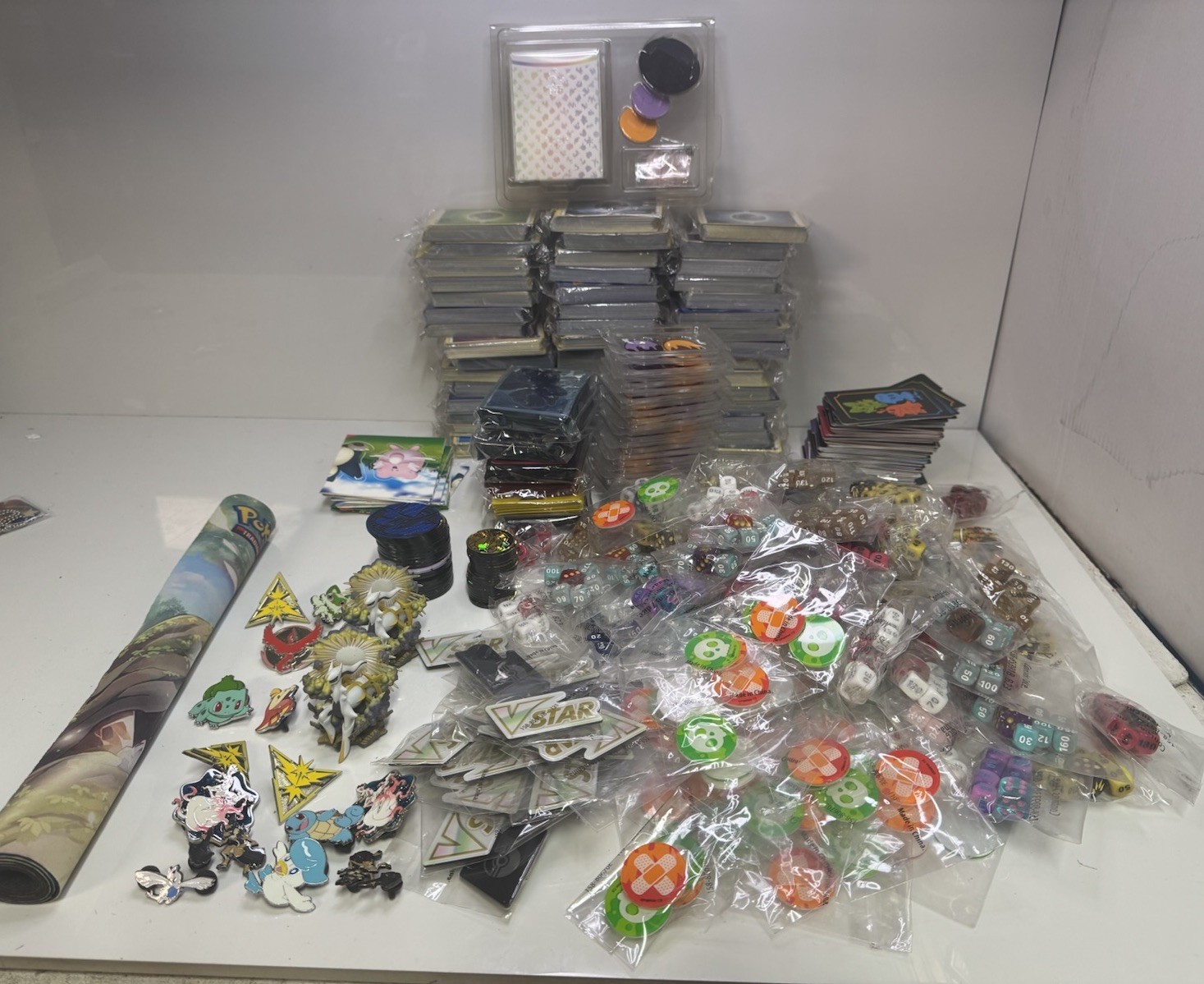 Pokemon TCG Massive Lot Pins Figures Dice Coins Sleeves Playmat Mystery Box Fill