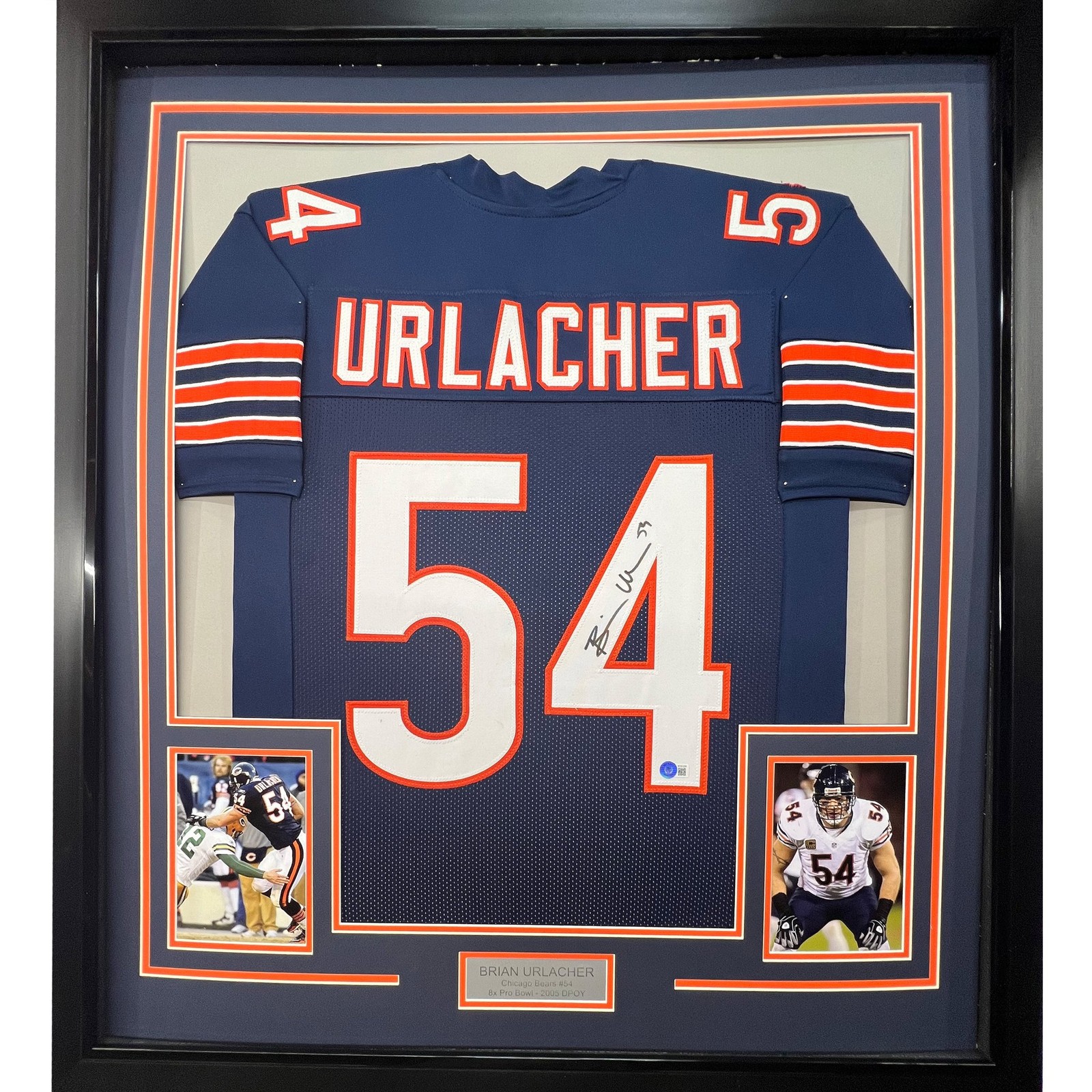 Framed Autographed/Signed Brian Urlacher 35x39 Chicago Blue Jersey BAS COA