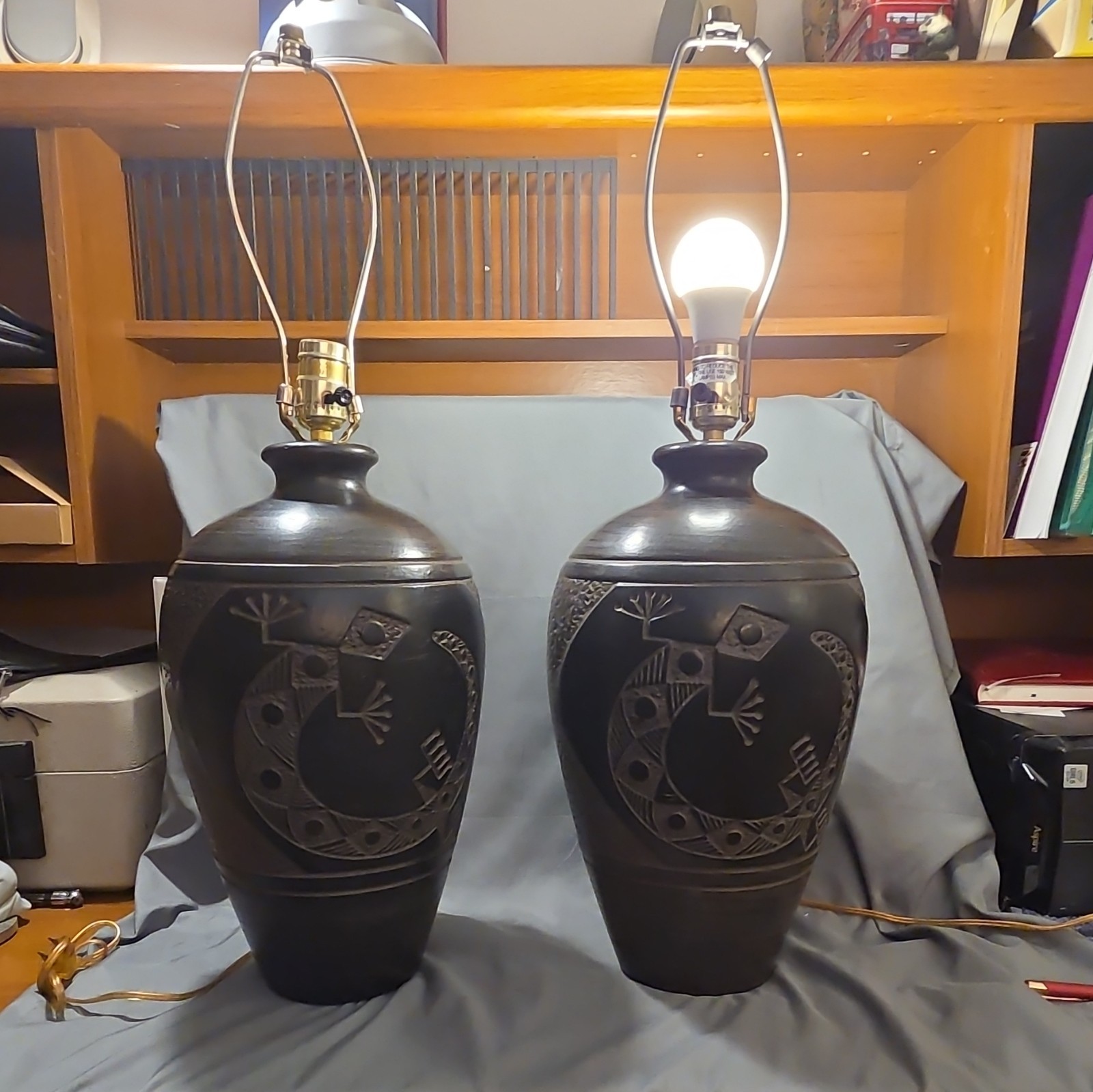 Vintage Mexican Studio Pottery Table Lamps - Pair of Carved Sgraffito Brutalist