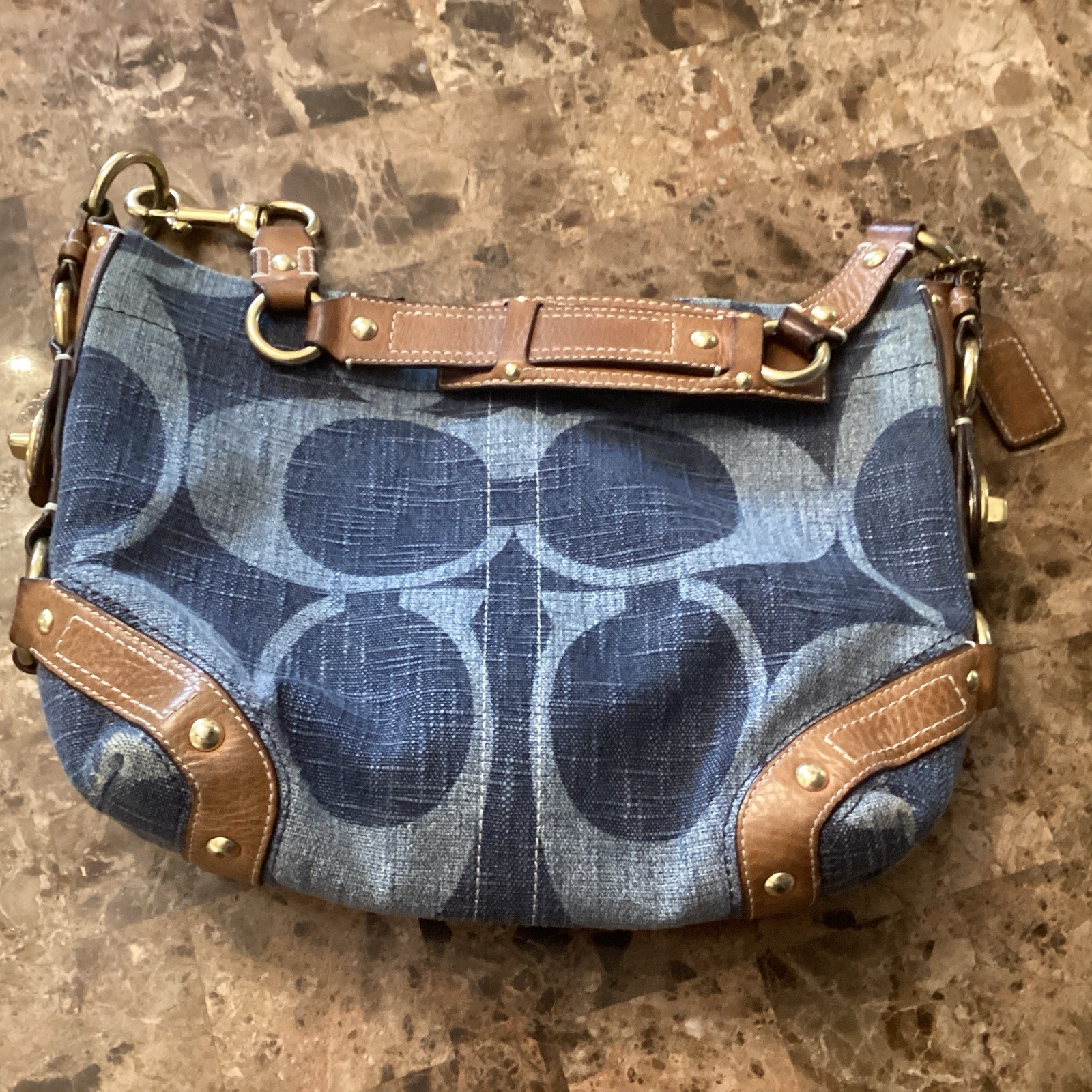 Rare Vintage Coach  Blue Denim Jumbo Signature Hobo Shoulder Bag Leather #12190