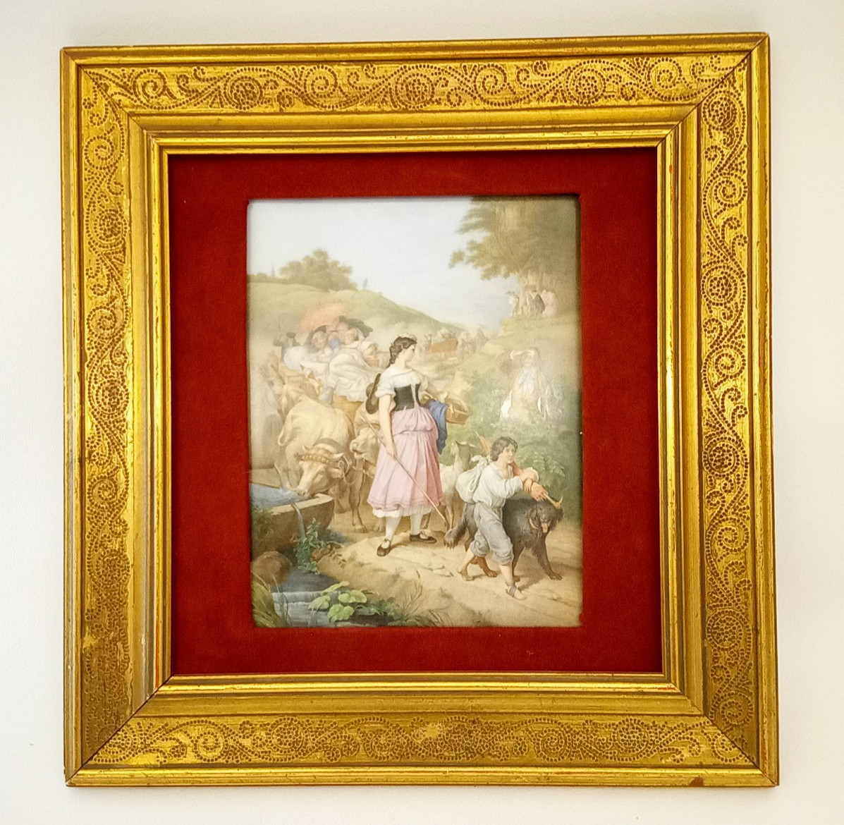 Antique painting on porcelain Wilhelm von Kaulbach listed artist pastoral scene