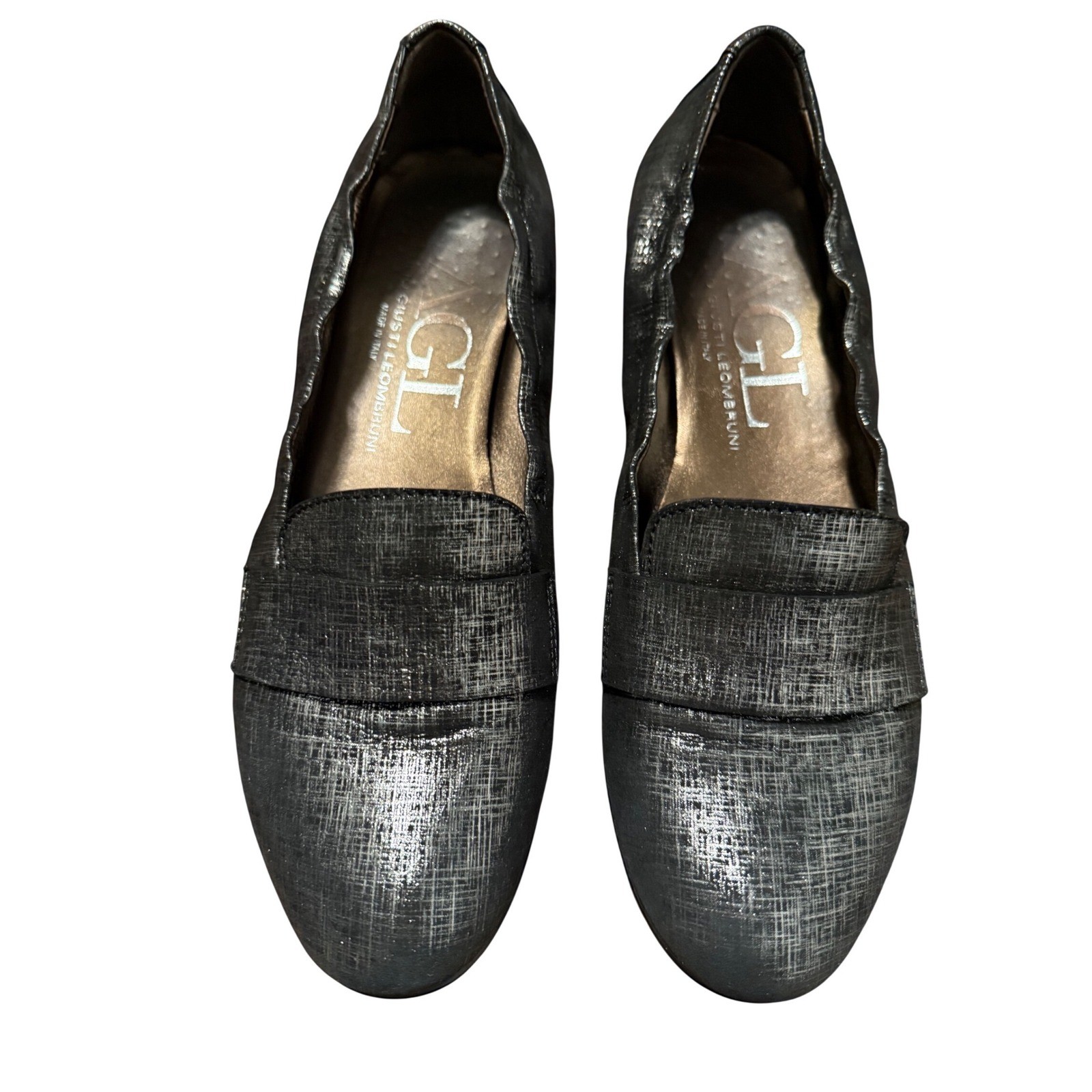 AGL Attilio Giusti Leombruni Metallic Silver Black Textured Penny Loafers Italy