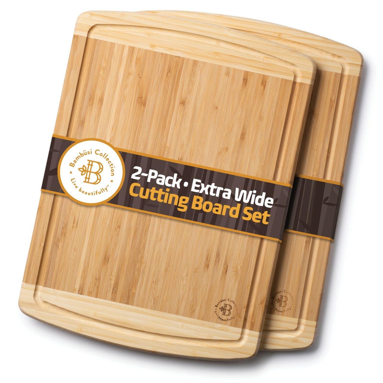 Premium Thick Bamboo Cutting Board Set of 2-Juice Grooves. By Bambusi