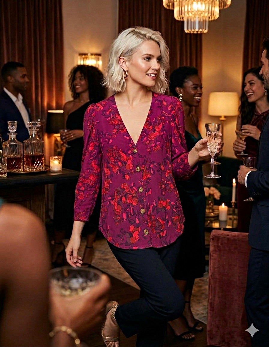 Maeve by Anthropologie Purple Red Floral Chiffon Sheer V-Neck Blouse L