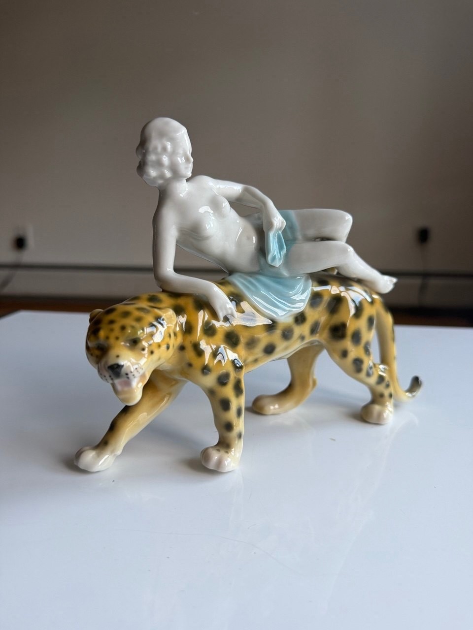 Vintage Porcelain Figurine Boy Riding Leopard Cheetah Hand Painted Collectible Vintage Porcelain Figurine Boy Riding Leopard Cheetah Hand Painted Collectible