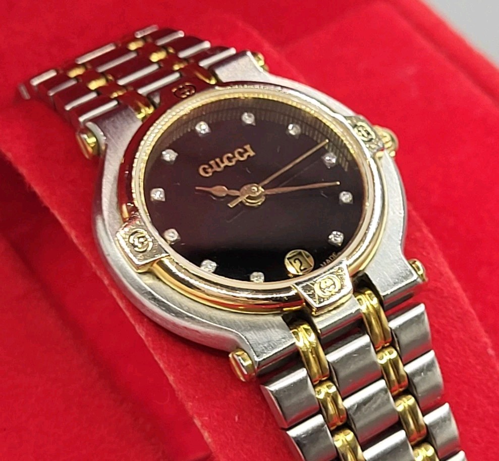 SWISS [N. MINT] Gucci 9000L 11P Diamond Black Dial Woman\'s Quartz Watch Vintage 