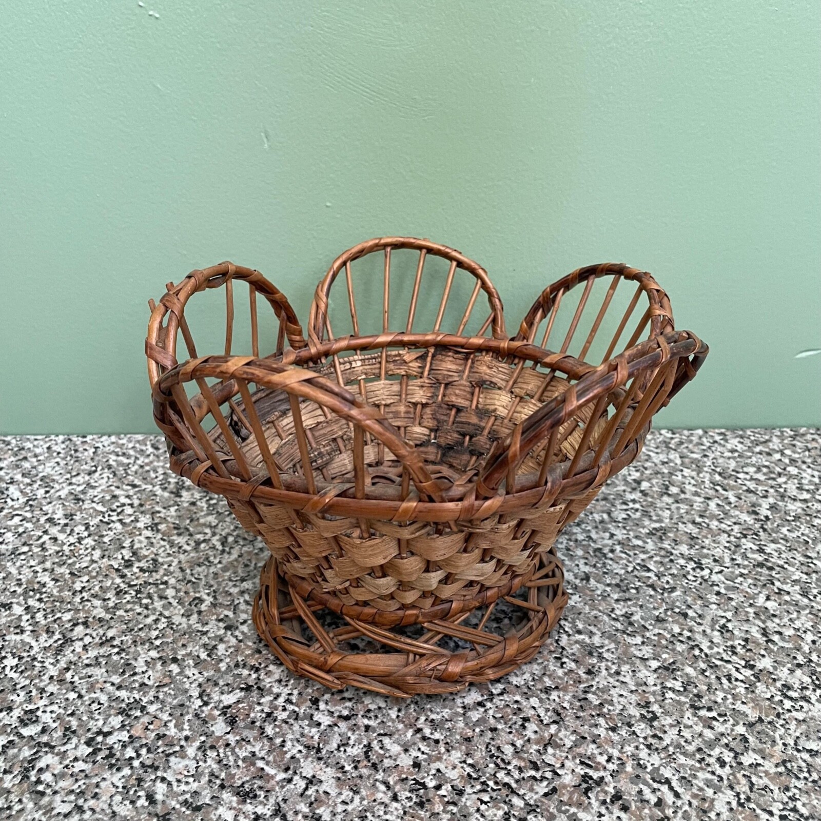 Vintage Boho Woven Wicker Flower Shaped Basket with Pedestal