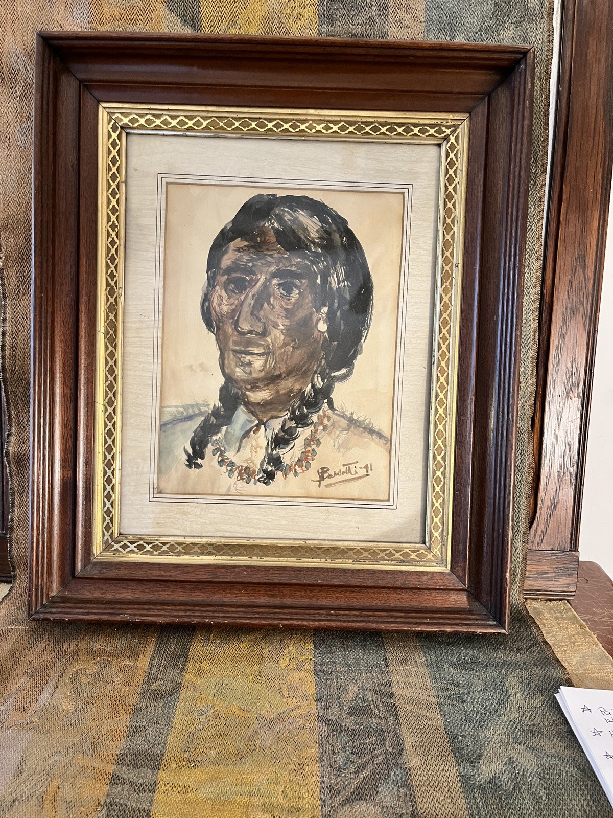 Antique 19th century ancestor picture fame w/ J.J. Barsotti  Indian painting .P
