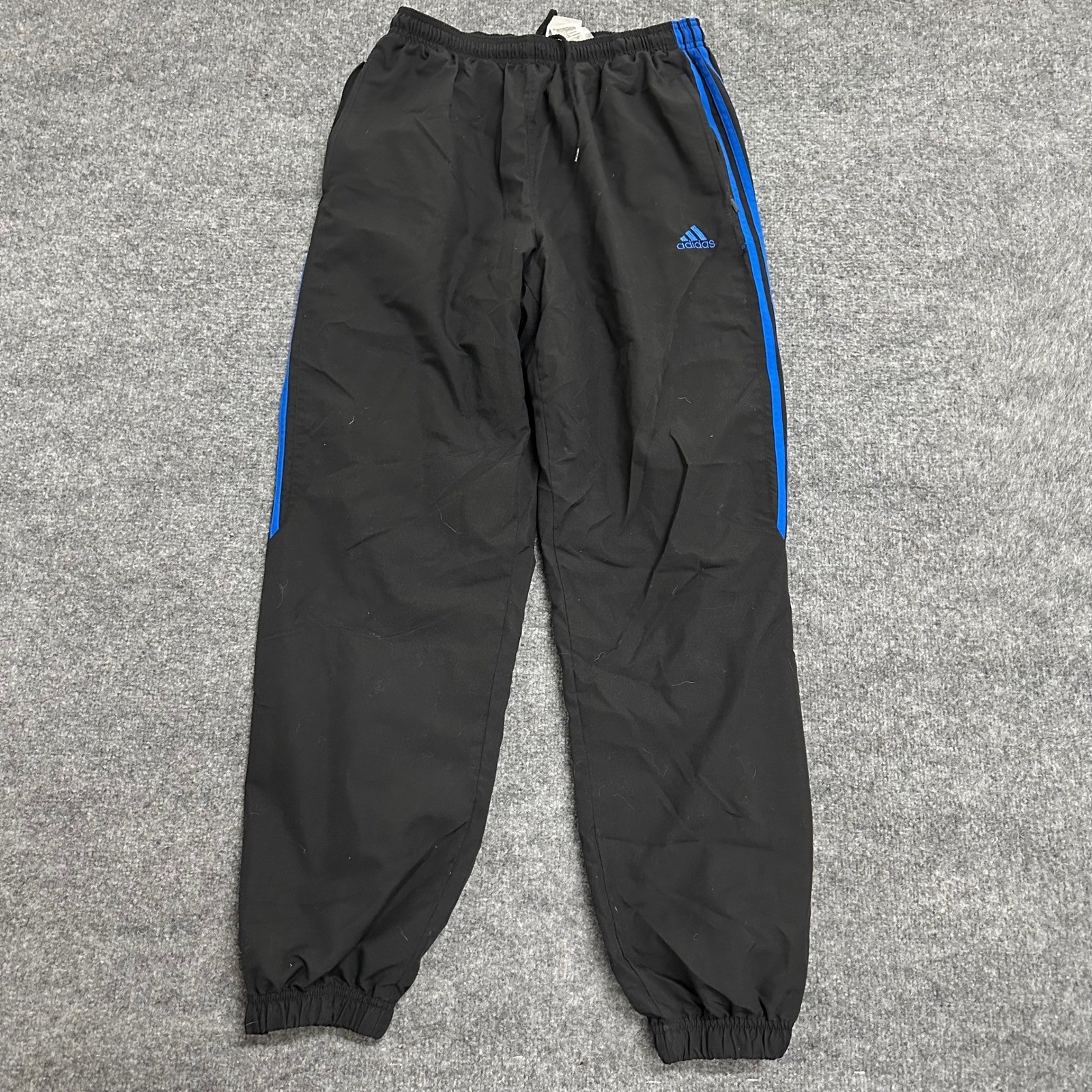 Adidas Track Pants Mens Size L Black Blue Stripes Elastic Waist Zipper Cuffs