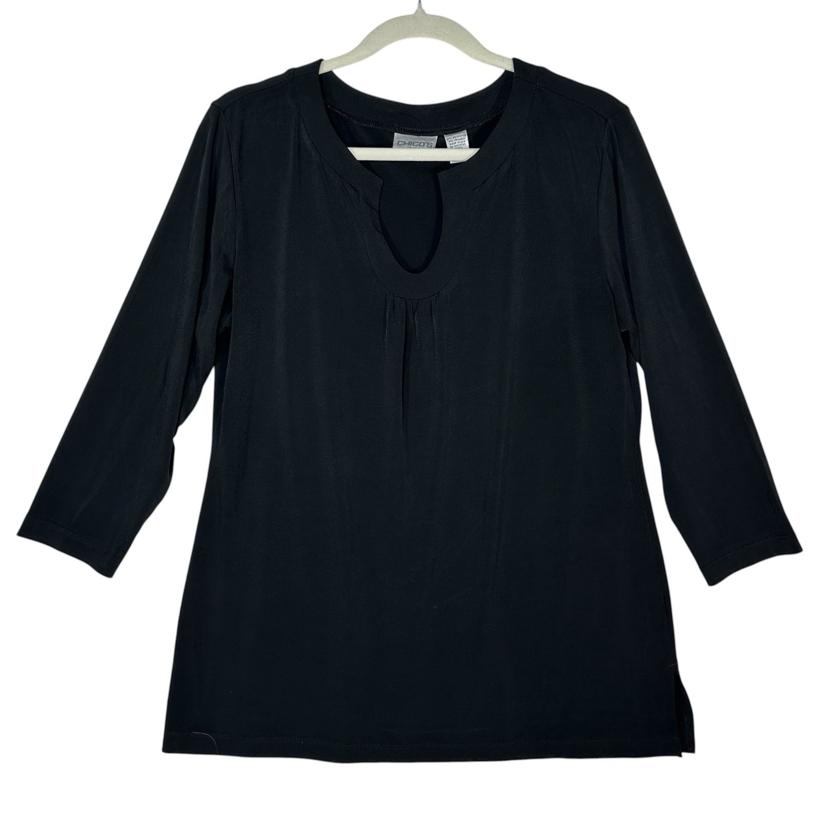 Chico’s Women’s 2 Black Pleated Neck Knit Top 3/4 Sleeve Blouse L 12 Traveler