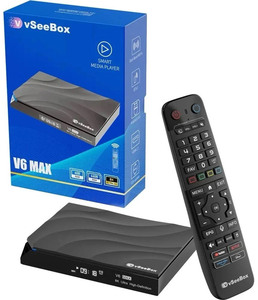 vSeeBox V6 MAX 64GB 8K 4320p Android Wi-Fi/BT HDMI HDR10 Dolby Atmos Remote