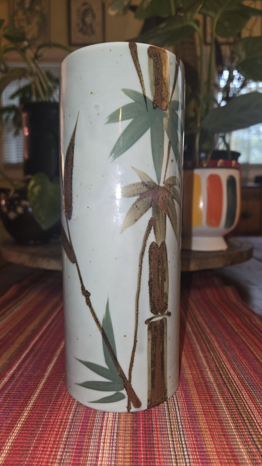 Vintage MCI Japan Ceramic Bamboo Cylinder Vase MCM Speckled 9\