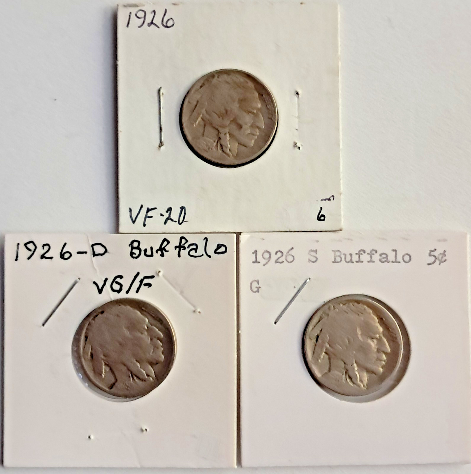 (3) 1926 Buffalo Nickels P(EF) D(F) S(G) mint locations