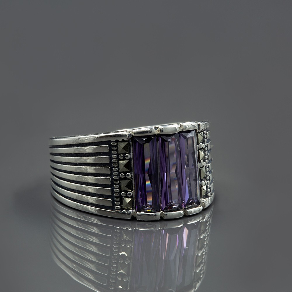 Men\'s Handmade Engraved 925 Sterling Silver Purple Amethyst Gemstone Ring