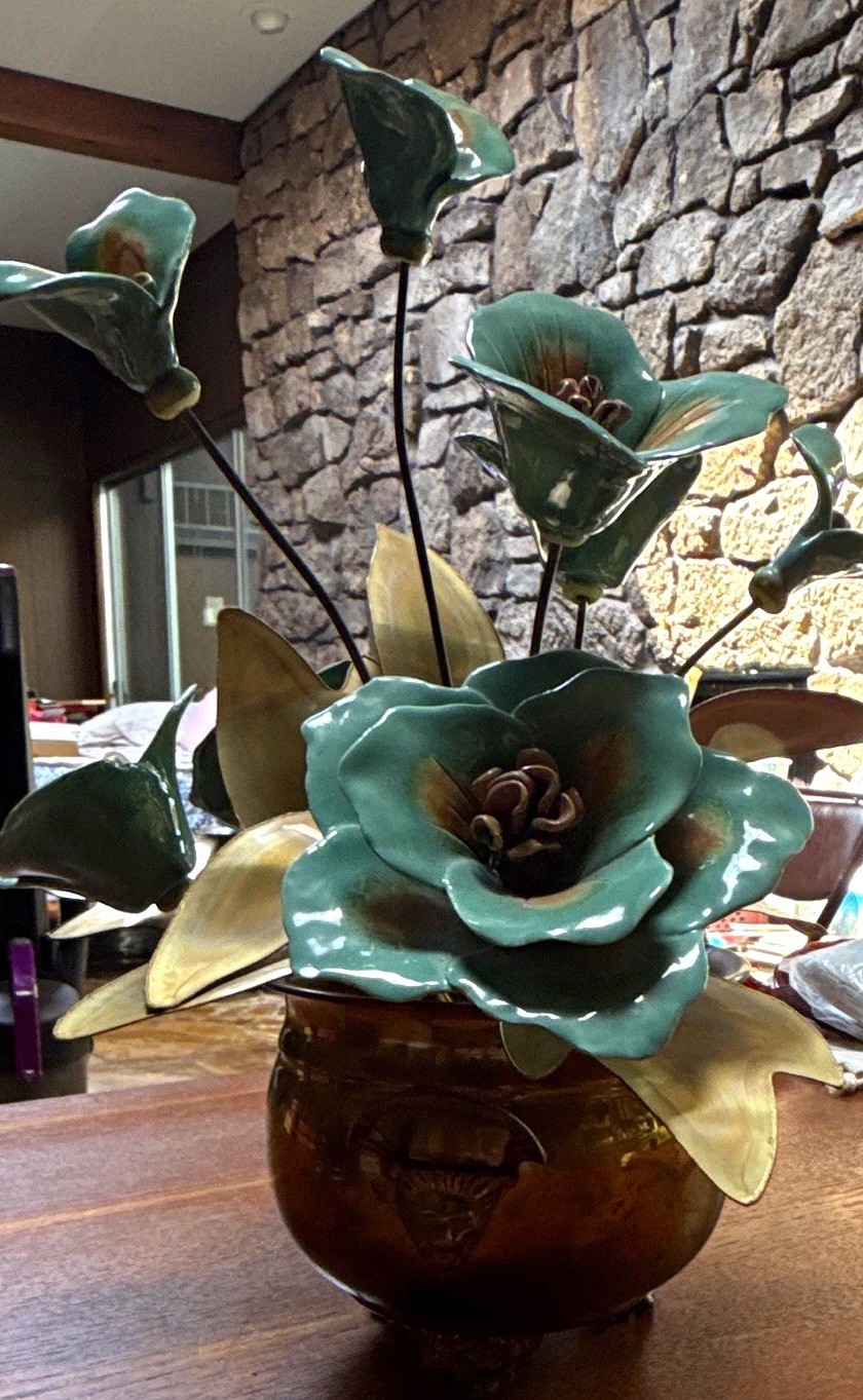 Vintage Winifred Cole of California Ceramic and Brass Flower Arrangement