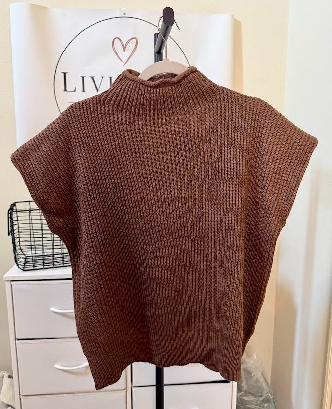 Zenana Women’s Brown Mock Neck Knit Sweater Cap Sleeve Top Zenana Women’s Brown Mock Neck Knit Sweater Cap Sleeve Top