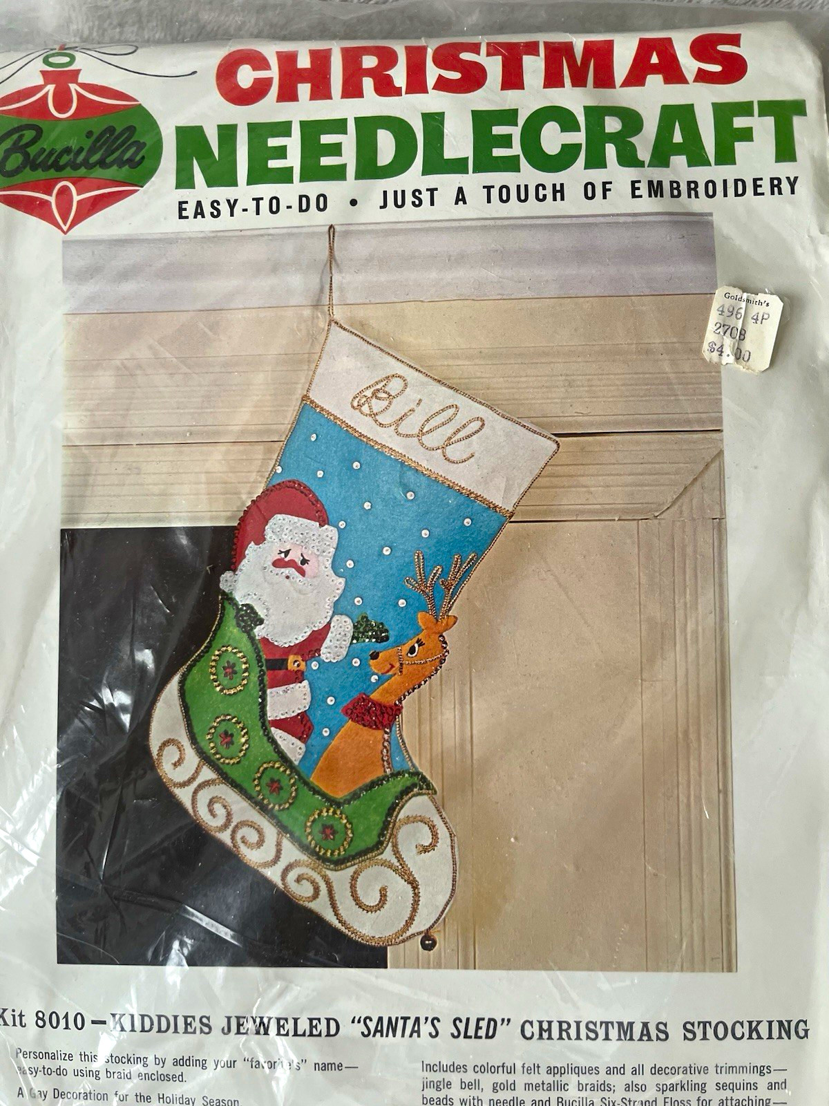 Vintage Bucilla Felt&Sequin Jeweled “Santa’s Sled Christmas Stocking Kit Vintage Bucilla Felt&Sequin Jeweled “Santa’s Sled Christmas Stocking Kit