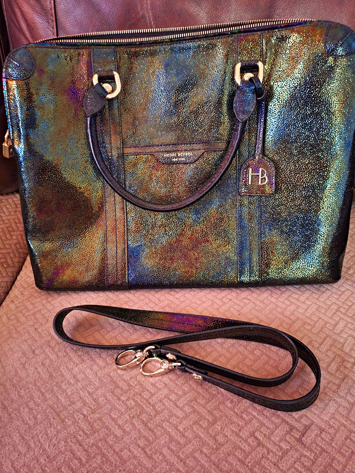 Henri Bendel Iridescent Multicolor Satchel Zip Bag w/ Detachable Strap