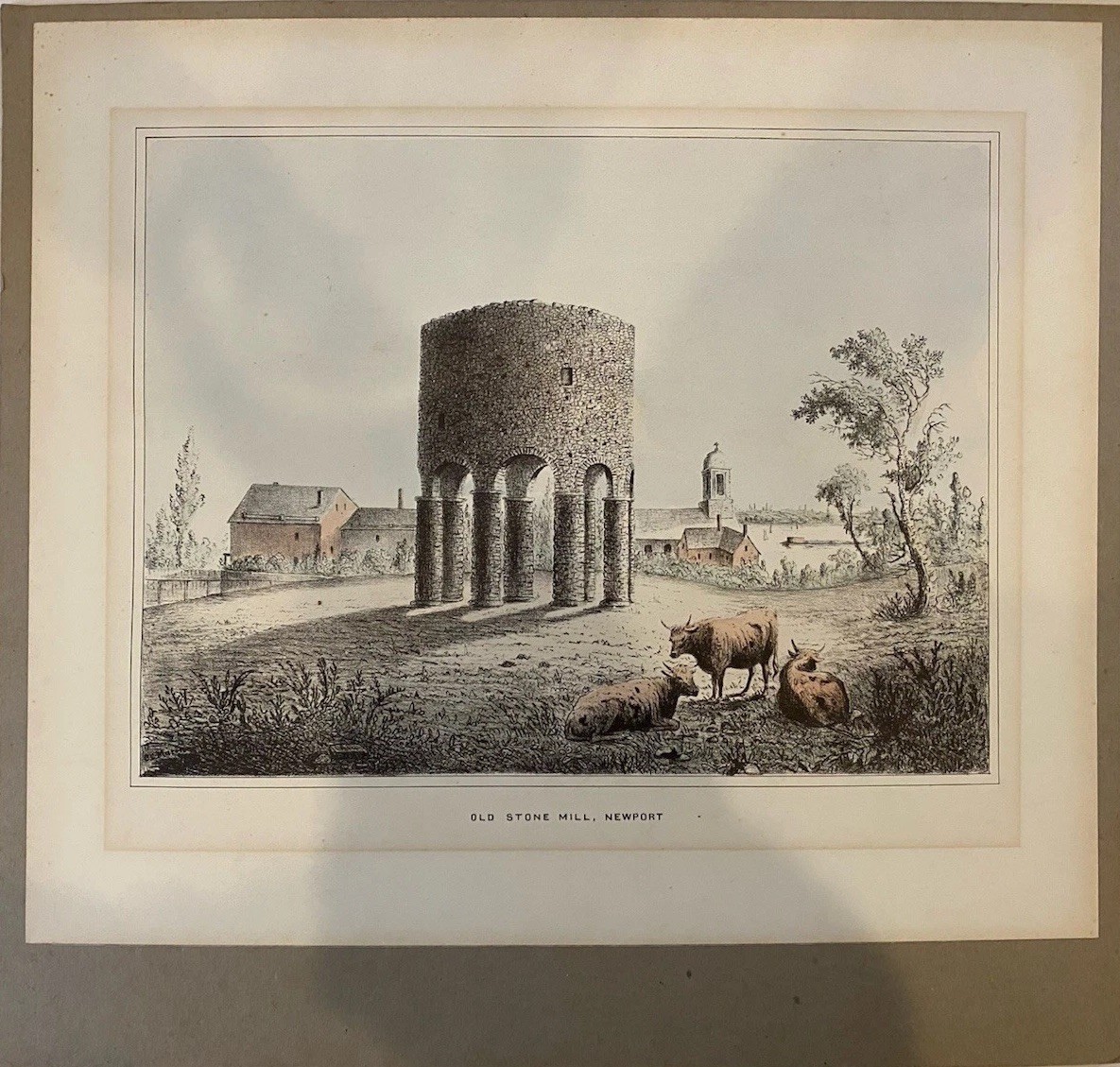 Old Stone Mill Newport RI Lithograph c1880s Antique Hand Tinted Print Mounted Old Stone Mill Newport RI Lithograph c1880s Antique Hand Tinted Print Mounted