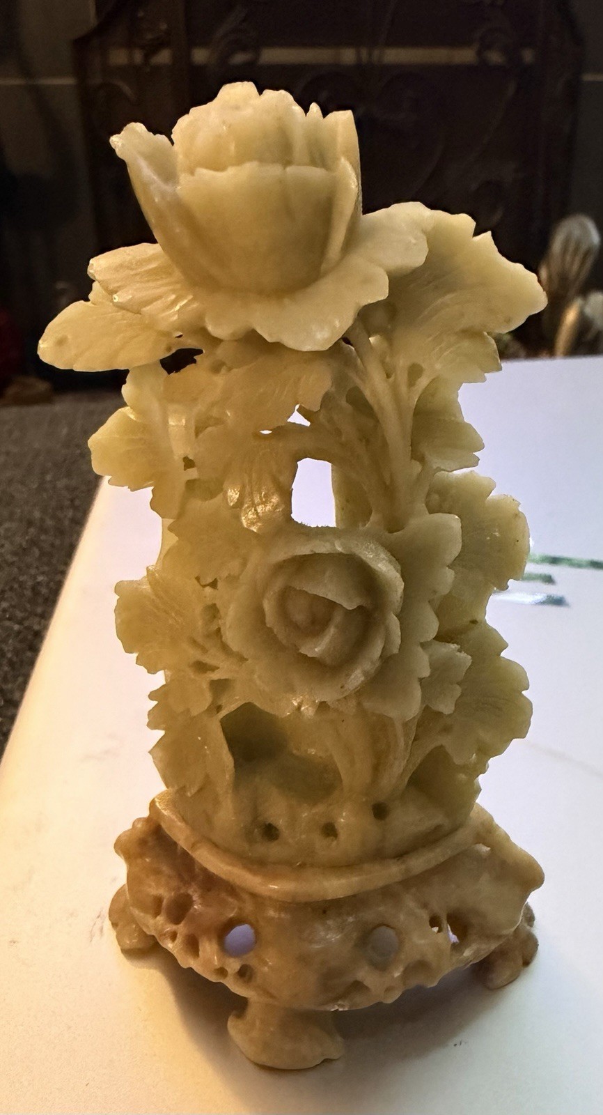 Vintage Chinese Soapstone Carving: Floral Ornament on Stone Stand