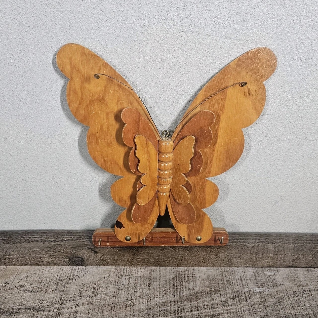 Vintage Handcrafted Wooden Key Holder Wall Hanging Layered Butterfly 