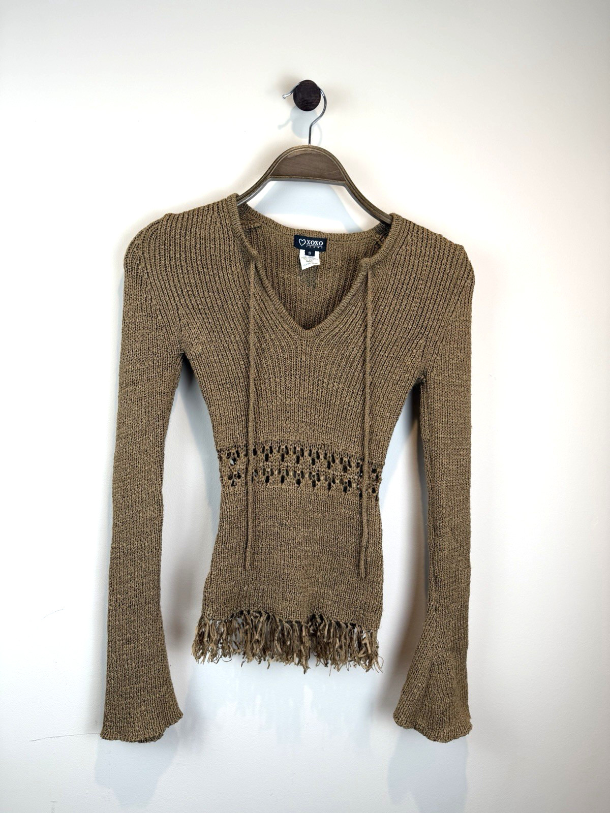Vintage Y2K XOXO Boho Brown Gold Knit Stretch Crochet Fringe Sweater Size Small