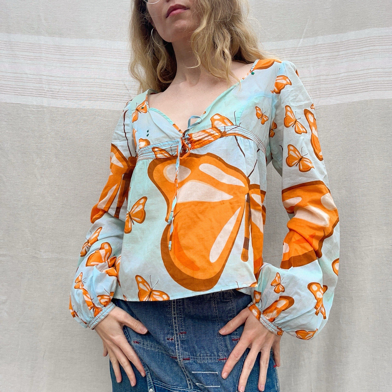 Vintage Custo Barcelona Y2K blue and orange butterfly cotton peasant blouse Sz 4