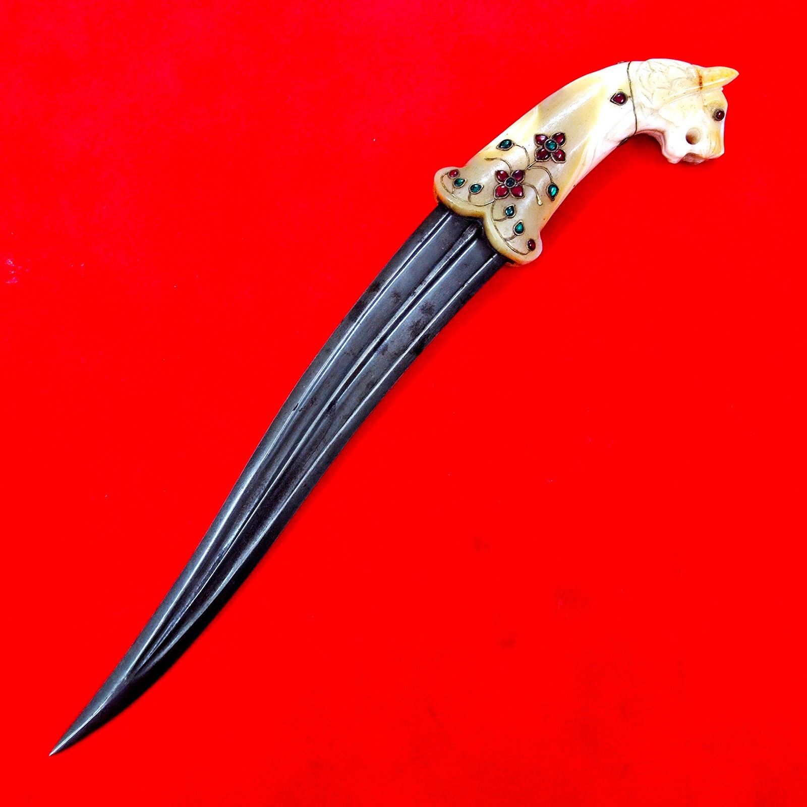 Vintage Indian Mughal Rajput Sikh Jeweled Agate Lion Wootz Steel Khanjar Dagger