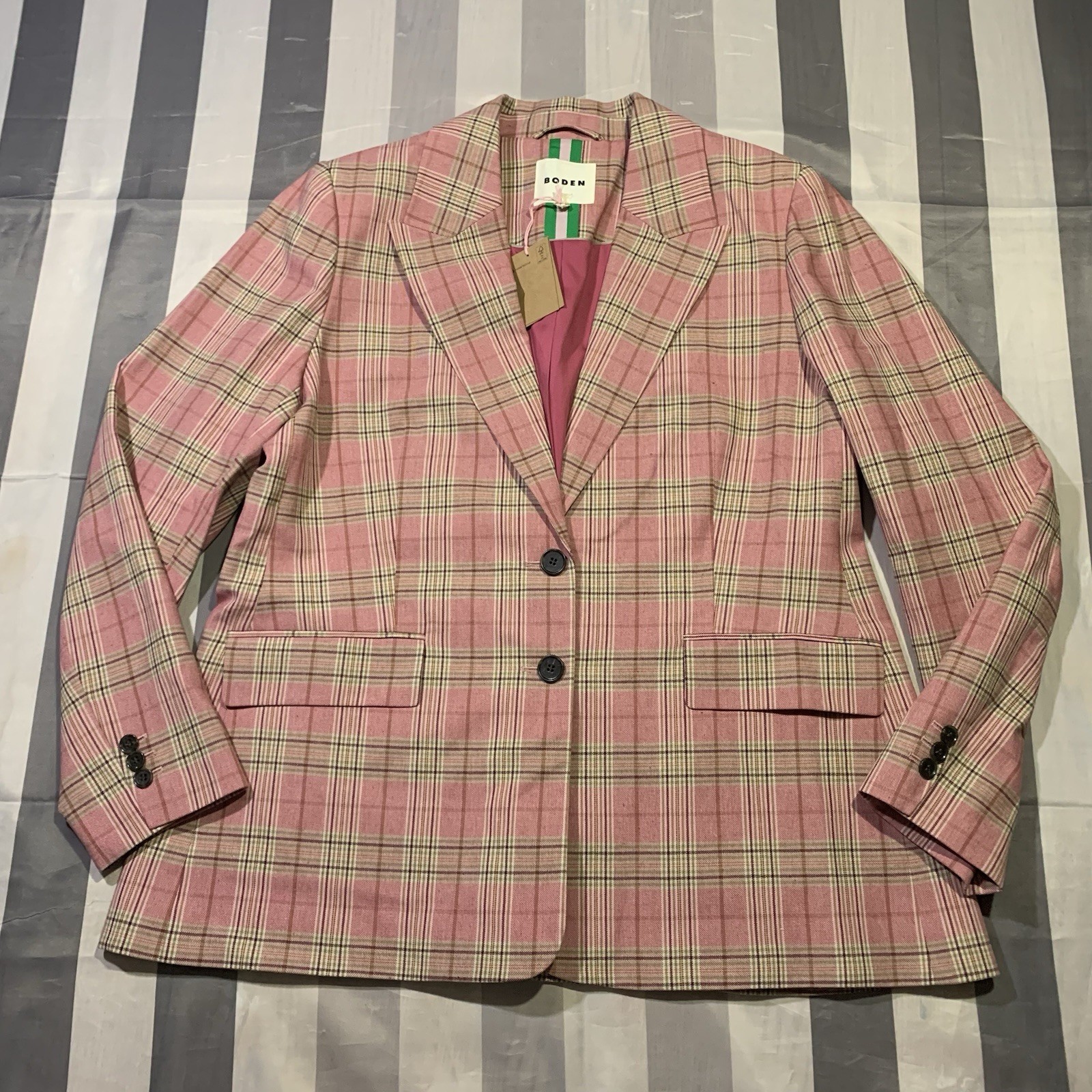 Boden Women\'s The Marylebone Blazer Wool Cotton Pink Checkered Flannel US 16-18