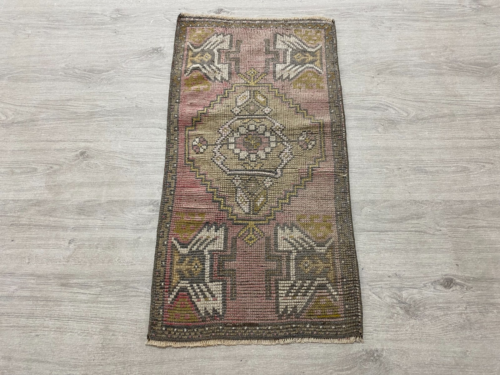 Vintage Turkish Wool Rug 1.5x2.9 ft Distressed Faded Accent Rug