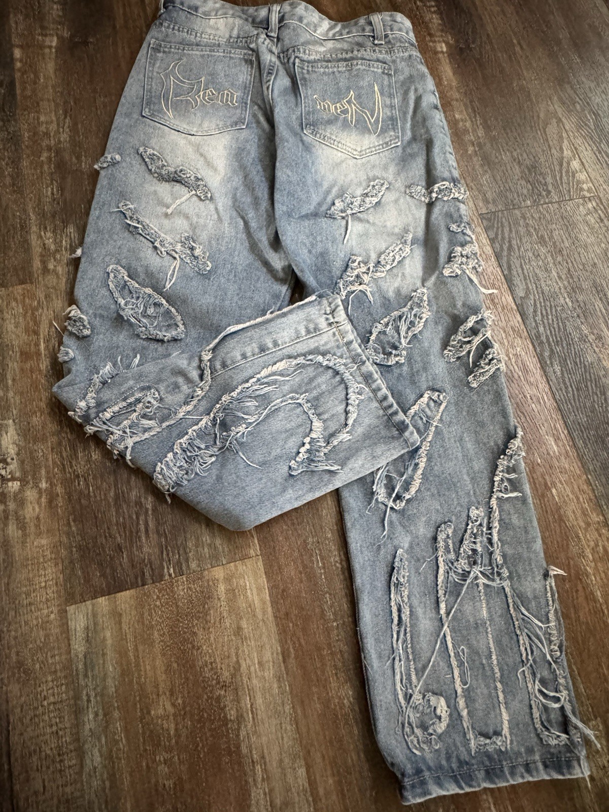 Reaven Y2K Distressed Denim Jeans Heavy Frayed Embroidery Streetwear