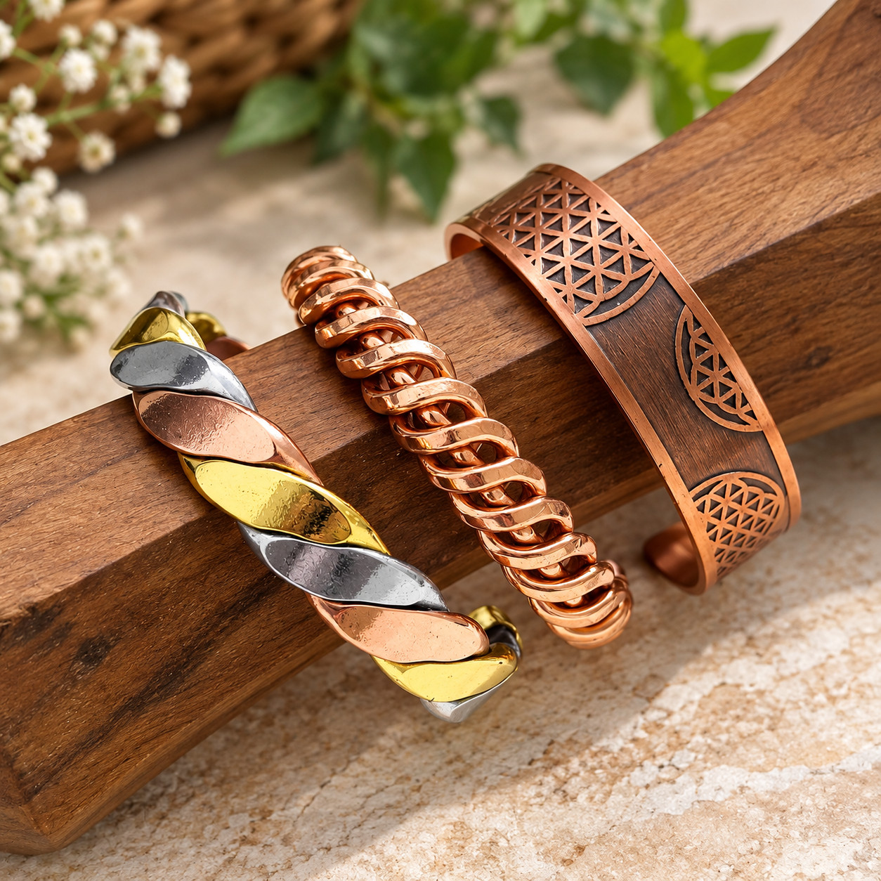 3 Piece Copper Cuff Bracelet Set Handmade Vintage Boho Ethnic Adjustable Unisex