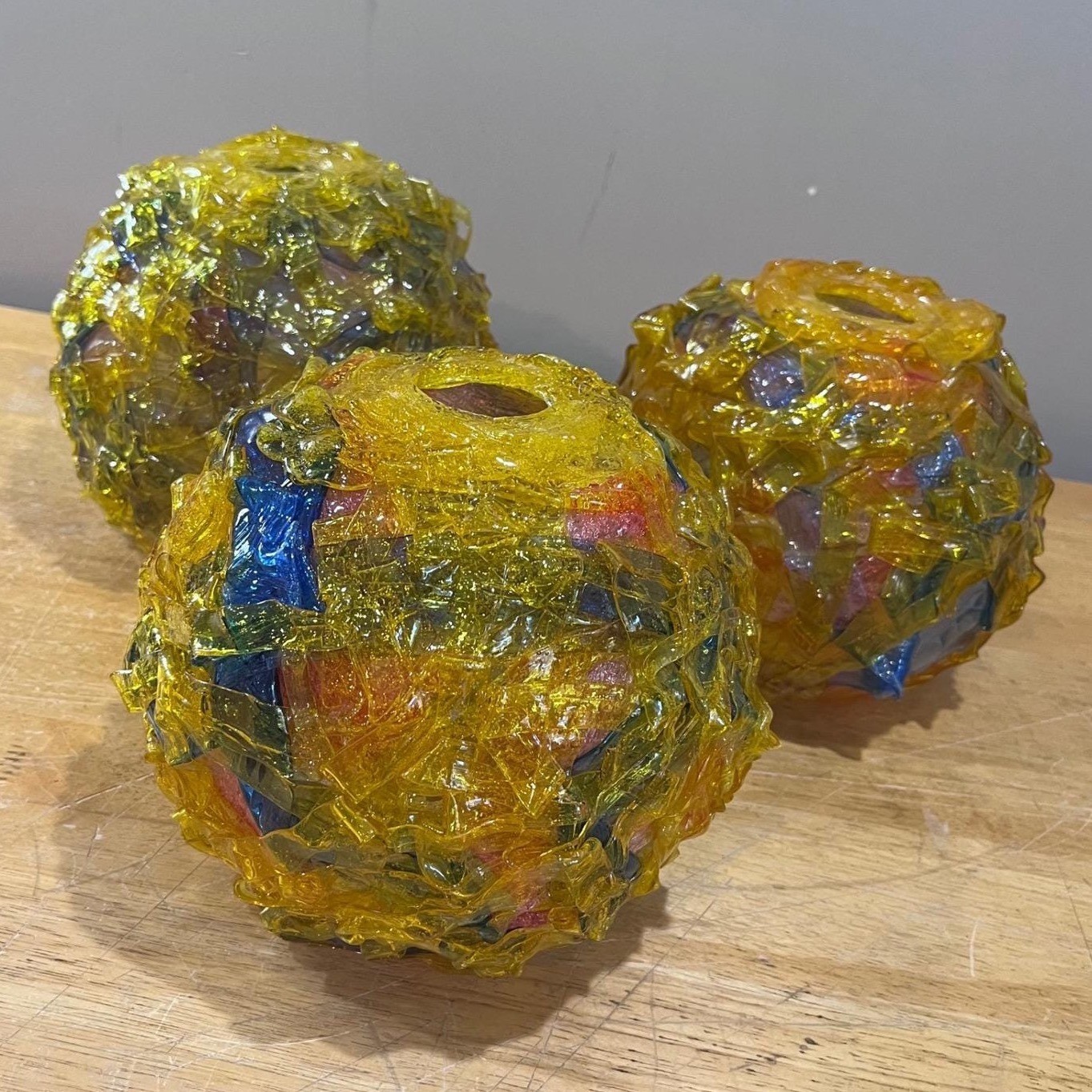 Vtg MCM Lucite Melted Plastic Spaghetti Art Globes Set of 3 Amber Blue Red Orbs
