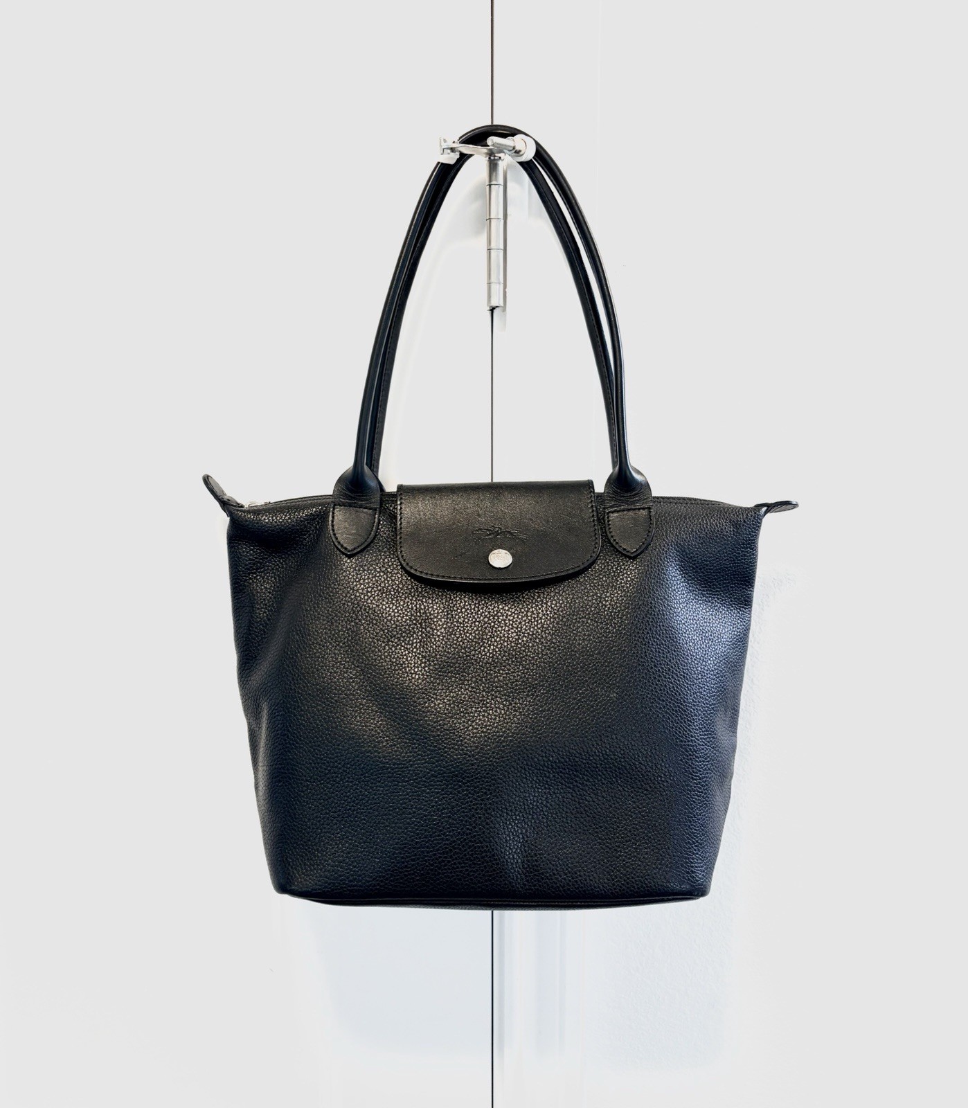 Auth Longchamp Le Pliage Cuir Medium Black Leather Tote