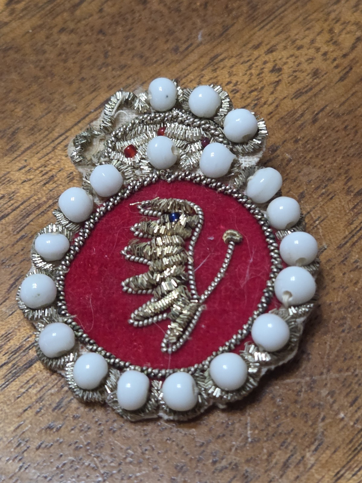 Late 1800's Victorian Embroidered Lions Broach Marked