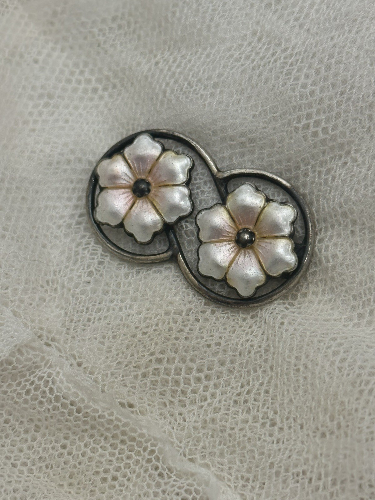 Antique Aksel Holmsen Norway 925S Sterling Silver White Enamel Flower Brooch 